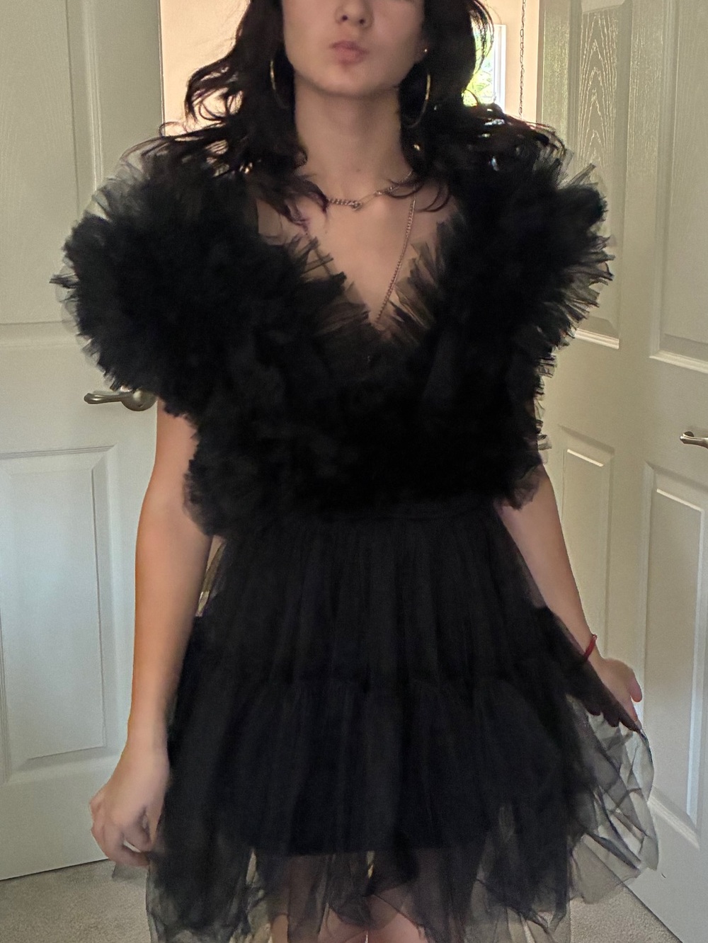 Black Layered Tulle V-Neck Mini Dress